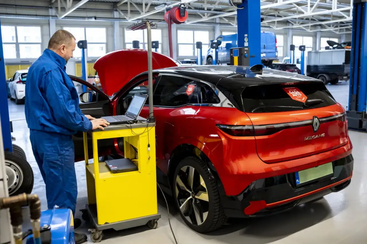 Mechanik naprawiający samochód elektryczny, stacja ładowania, nowoczesny warsztat