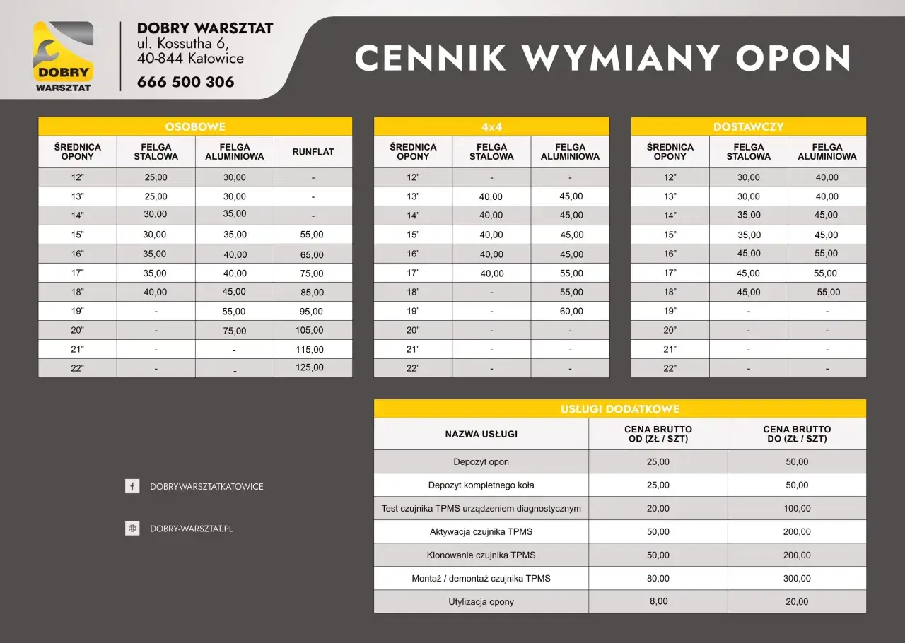 cennik wymiany opon wulkanizacja